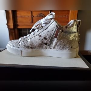 J/Slides off-white metallic pony sneakers